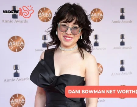 Dani Bowman Net Worth article image, woman in black gown at Annie Awards backdrop