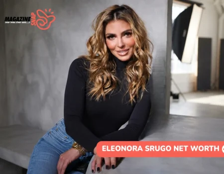 Eleonora Srugo net worth article portrait, seated in a photography studio in jeans