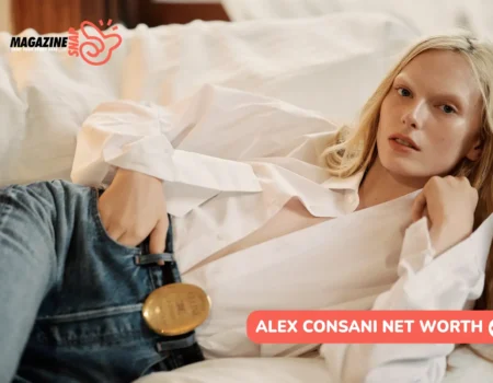 Alex Consani Net Worth in a white shirt and denim overalls, featured for the Alex Consani article.