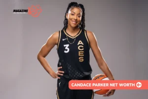 Candace Parker in a black and gold Aces jersey holding a basketball, for the Candace Parker net worth article