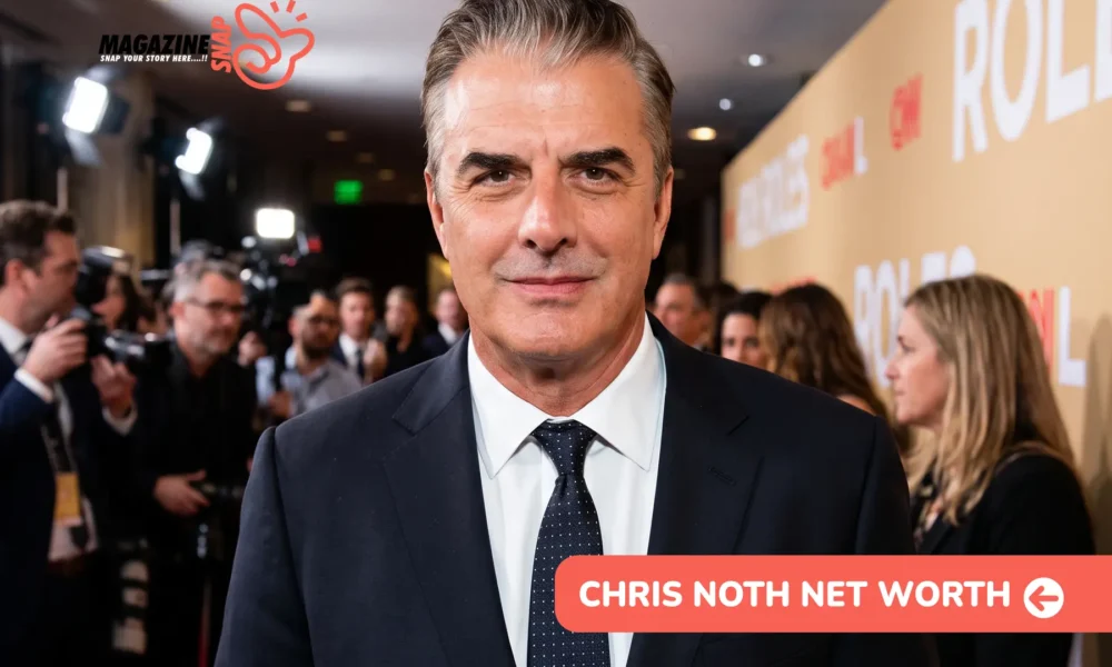 Chris Noth Net Worth 2026 – $12M Estimate and Mr. Big Role Chris Noth in a navy suit and polka-dot tie on a red carpet for Chris Noth net worth article, photographers behind